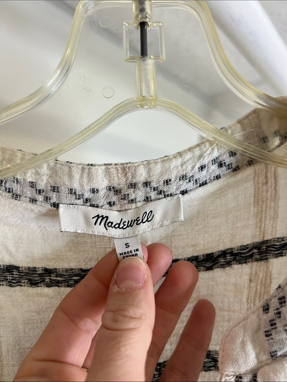 Madewell Linen Blend Cream Top with Black and Tan Plaid Stripes- S - Picture 4 of 5